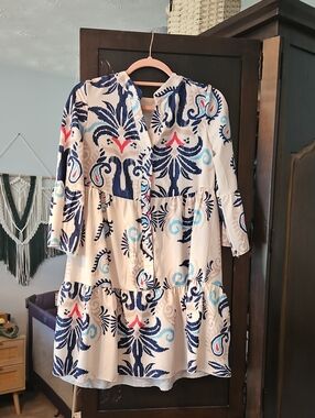SHEIN Cream Tiered Long Sleeve Dress with Navy & Aqua Print